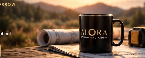 Work plans and Alora mug at a jobsite workbench